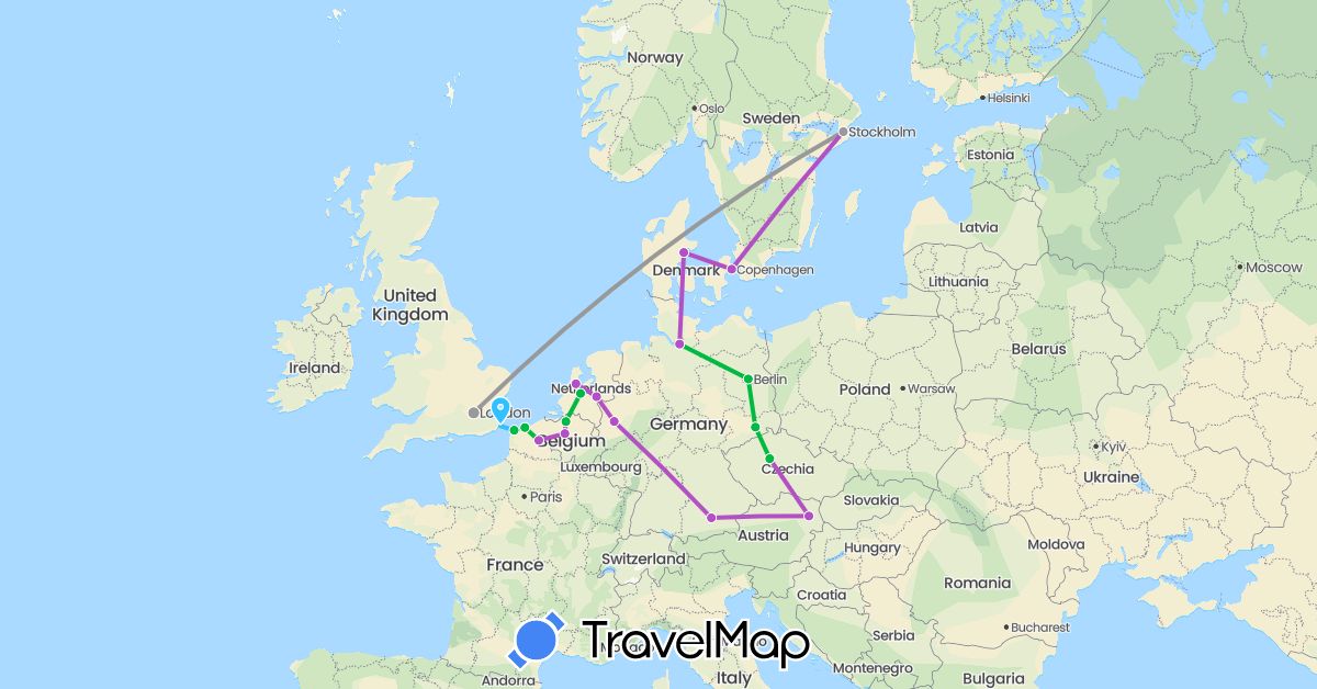 TravelMap itinerary: driving, bus, plane, train, boat in Austria, Belgium, Czech Republic, Germany, Denmark, France, United Kingdom, Netherlands, Sweden (Europe)